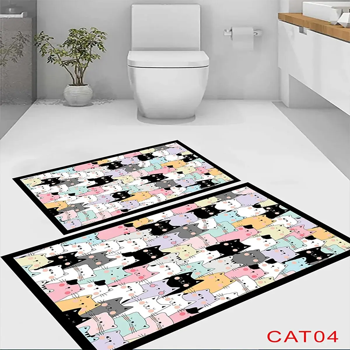 Eco Concept Kedi Desenli Banyo Paspası, Renkli Kediler Desen Paspas, Kaymaz Taban Paspas, Yıkanabilir Paspas, 2'li Klozet Takımı