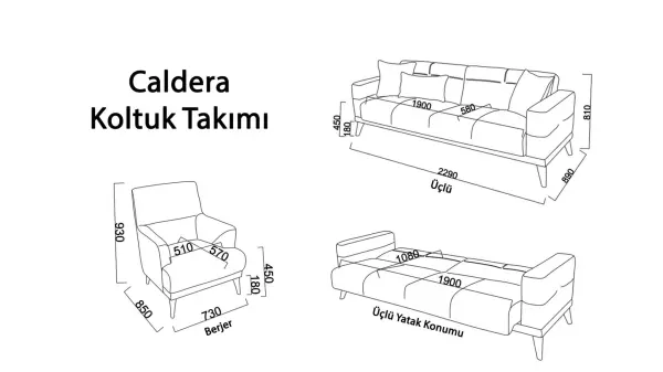Caldera Üçlü Koltuk - Mavi - Meşe Ayak