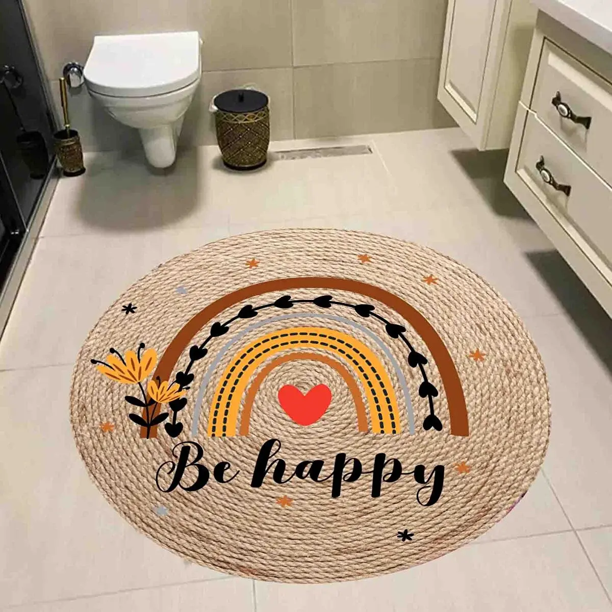 Eco Concept Hasır Esen Banyo Paspası, İskandinav Paspas, Yuvarlak Paspas, Be Happy Paspas, 80x80 Cm 80x80 cm