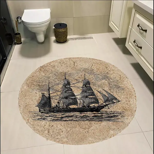 Eco Concept Hasır Desen Banyo Paspası, Yuvarlak Paspas, Gemi Figürlü Paspas, Kaymaz Taban Paspas, Yıkanabilir Paspas, İskandinav Paspas 80x80 cm