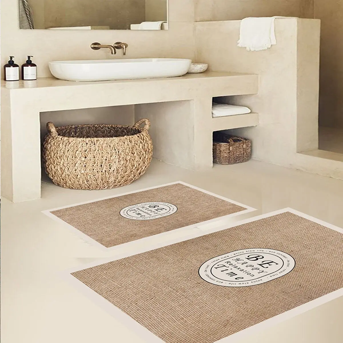 Eco Concept Jüt Desen Paspas, Hasır Banyo Paspası, Kaymaz Taban Klozet Takımı, Dekoratif Paspas, 60x100 cm