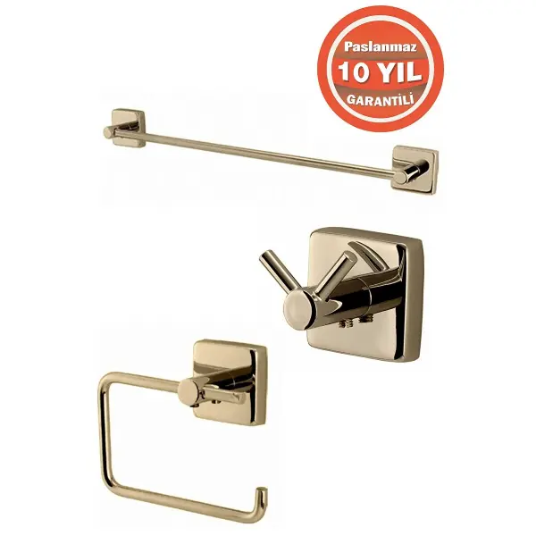 Çelik Banyo Paslanmaz Pirinç Vizyon 3'lü Set - Havluluk-tuvalet Kağıtlığı Askılık Altın Gold