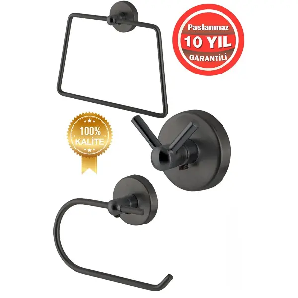 Çelik Banyo Paslanmaz Çelik Mat Siyah 3'lü Set -kare Havluluk-tuvalet Kağıtlığı Askılık